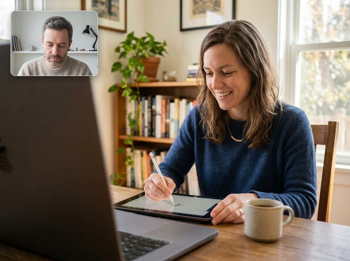 La donna lavora sul tablet; nel riquadro, l'uomo scrive sul suo quaderno